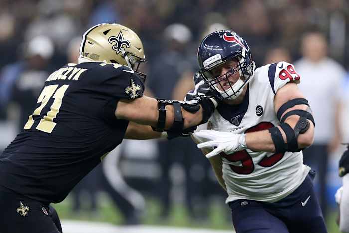 Houston Texans defensive end J.J. Watt (99) is blocked by New Orleans Saints tackle Ryan Ramczyk (71). Mandatory Credit: Chuck Cook-USA TODAY